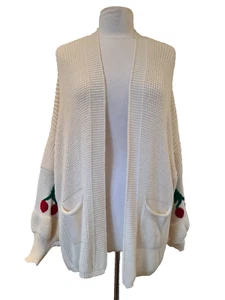 QED Chunky Knit Cherry Sleeve Cardigan Balloon Sleeves Pockets One Size UK 8-16 - Picture 1 of 14