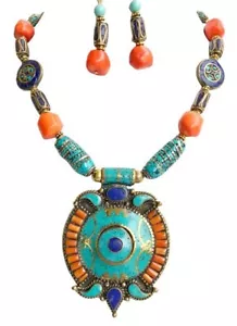 Turquoise Coral Nepal Pendant Inset Beads Gemstone Necklace One of a Kind - Picture 1 of 8