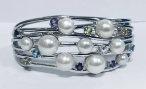 Sterling Silver Multi Gemstone & Pearl Cuff  Style Bangle Bracelet Hinged 7.5” - Picture 1 of 11