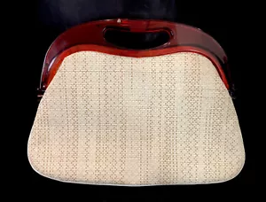 Vintage Lucite Handle Straw Look Vinyl Handbag Ivory & Brown - Picture 1 of 9