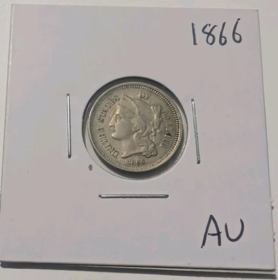 1866-P Philadelphia United States 3c Three Cent Nickel AU Almost Uncirculated  - Image 1 of 3