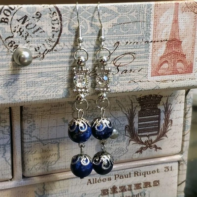 Pendientes colgantes artesanales de cristal transparente de encaje de piedras preciosas de lapislázuli Foto 1 de 4