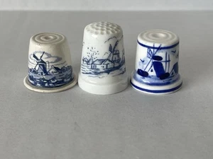 Lot Of 3 Thimbles Porcelain DELFT Holland Blue and White Windmill Holland - Picture 1 of 7