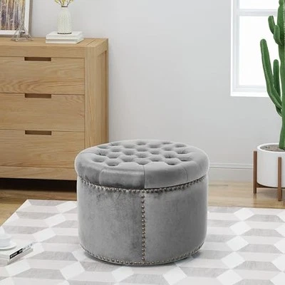  Tiernan Round Velvet Upholstered Ottoman, Small Footrest Stool, End Light Gray - Image 1 of 4