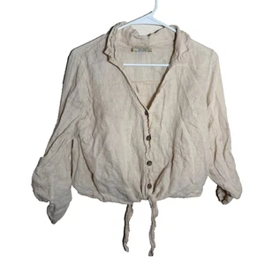 Puro Lina Blouse Women's 100% Linen Made in Italy Button Up Tie Beige Top - Picture 1 of 11