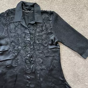 Vintage Hemd Damen XL schwarz Satin Falten Blumen Patchwork ausgefallen Knopfleiste - Bild 1 von 13