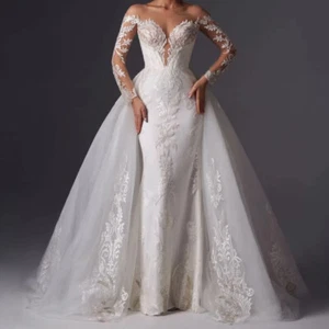 Elegant Lace Mermaid Wedding Dresses Detachable Train Long Sleeves Bridal Gowns - Picture 1 of 5