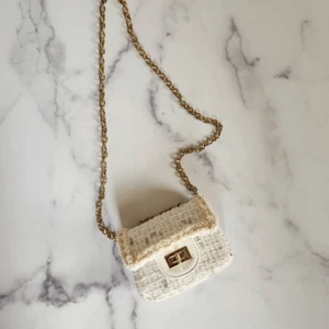 Girls Mini Tweed ivory fabric crossbody gold chain purse coco - Picture 1 of 7