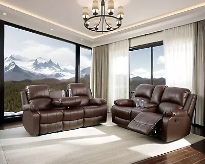 NEW Sofa Loveseat Brown Leather Living Room Set 4-Seater Recliner and Cupholders - Image 1 of 4