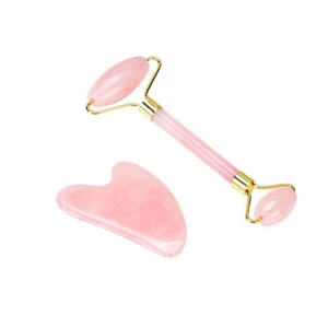Rose Quartz Jade Facial Massage Roller Double Head Massager Guasha Gift Box - Picture 1 of 3