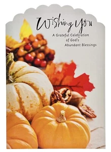 Thanksgiving Card Religious w/ Bible Verse Pumpkins Metallic Foil DaySpring NEW - Picture 1 of 14