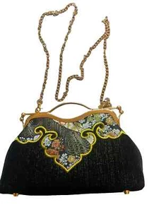 Ladies Black Gold Embroidered Evening Occasion Bag Oriental Handle or Chain - Picture 1 of 7