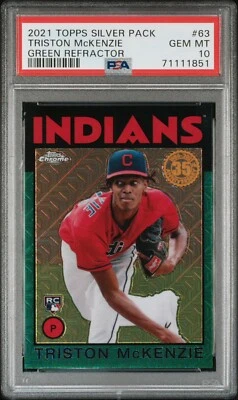 2021 Topps Silver Pack Triston McKenzie #63 Green Refractor 10/99 PSA 10 Pop 1 - Image 1 of 2