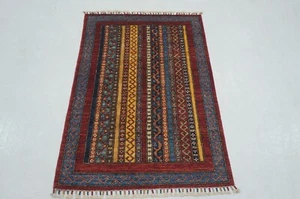 3 x 4 ft Red Turkish Shawl Striped Hand Knotted Wool Tribal Area Rug - Picture 1 of 16