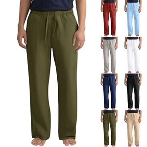Mens Linen Loose Casual Pants Solid Drawstring Comfort Yoga Beach Baggy Trousers - Picture 1 of 37