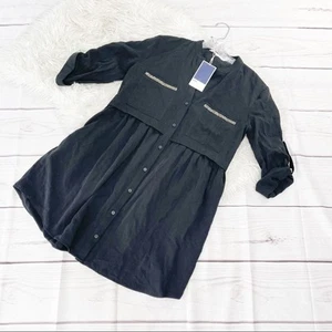 Zara Embellished Pocket Black Button Down Shirt Dress in Black Size Small - Picture 1 of 4