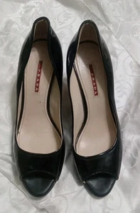 Prada Patent Leather Peep Open Toe Wedge Cork Heels Black 39 Size 8.5 - 9 - Picture 1 of 10