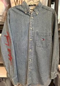 VTG Tommy Hilfiger Denim Shirt With Sleeve Appliqué 90s Button Up Y2K - Picture 1 of 12