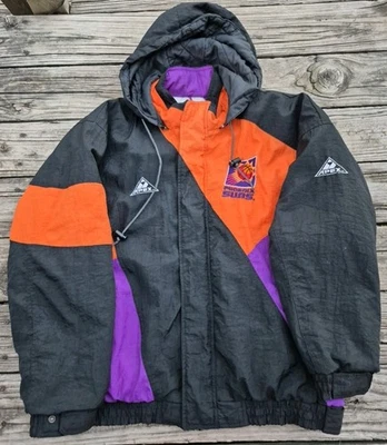 90’s Phoenix Suns Apex One Puffer Jacket Large With Hood Black Orange Purple - Image 1 of 4