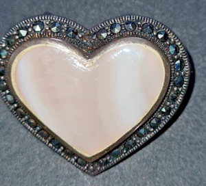 Pale Pink Mother of Pearl Marcasite Heart Pendant Brooch Sterling Silver 1 1/8" - Picture 1 of 2