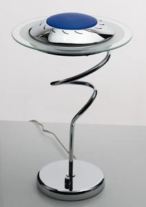 Vintage Post Modern Saucer Shape UFO 18in Table Lamp Chrome w/ Blue Top Tested - Picture 1 of 24