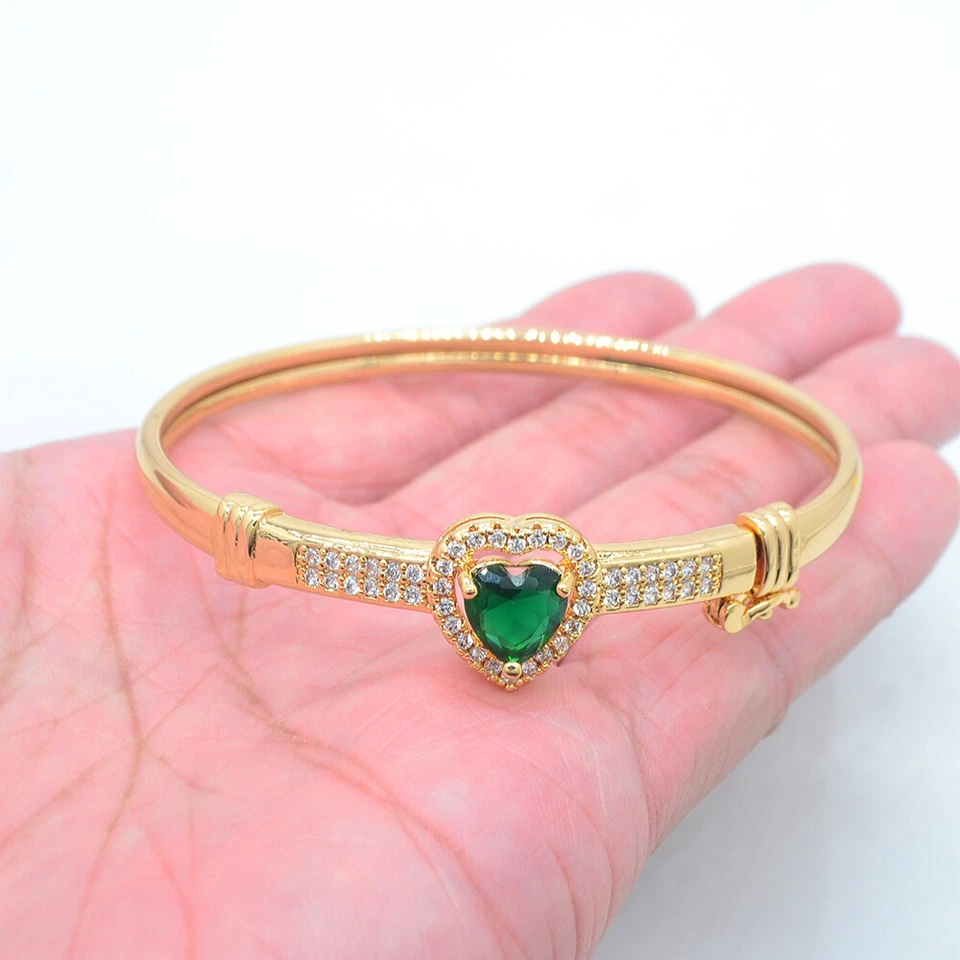 18K Yellow Gold Filled Green Mystic Topaz Heart Charm Bangle Bracelet Wedding - Image 1 of 1