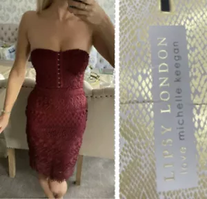 Lipsy Corset Bodycon Dress 16 UK Red Berry Lace Party Occasion Wedding Burgundy - Picture 1 of 22