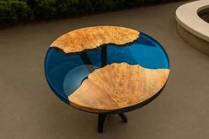21" wood and blue Resin epoxy Table | wood Epoxy Round Tabletop - Picture 1 of 13