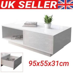 Coffee Table Gloss White with Drawer Wooden Living Room Furniture Storage Table - Picture 1 of 9