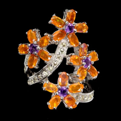 925 Anello Argento Sterling Ovale Arancione Opale Ametista Naturale Gemma Taglia - Immagine 1 di 4