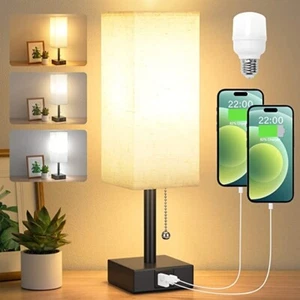 Nachttischlampe mit USB C+A Anschlüssen, 3 Farbmodi von Zugkette + LED Leuchtmittel - Bild 1 von 5