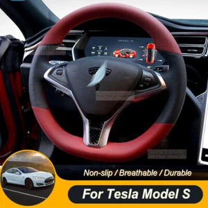 Black Leather Wine Red Leather Car Steering Wheel Cover For Tesla Model S X - Picture 1 of 7