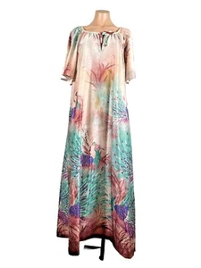 Vintage 1960s Psychedelic Peacock Floral Day Glo Lounge Trapeze Maxi Dress M - Picture 1 of 5