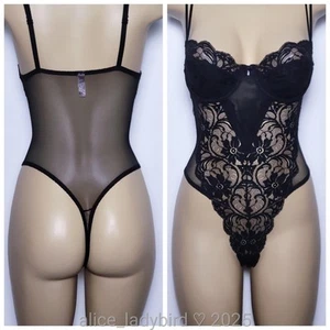 Vintage VICTORIA'S SECRET Stretch LACE Bra BODYSUIT Thong SHEER Floral M 36-38 B - Imagen 1 de 4