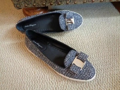 Salvatore Ferragamo Novello Grey/Silver Tweed Leather Slip-On Sneaker Shoe 8.5 - Image 1 of 4