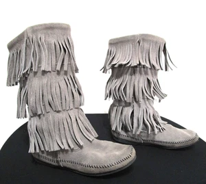 Minnetonka Gray Suede 3 Layer Fringe Moccasin Mid Calf Boots Women Sz 7 - Picture 1 of 10