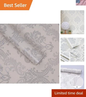 Papel pintado vintage plateado damasco pelar y pegar - Fácil instalación y mantenimiento Foto 1 de 4