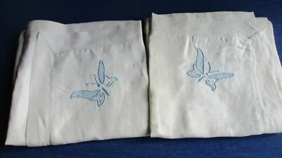 Taie d'oreiller N°40 en lin papillons bleus 68 x 68 cm  1 paires = 2 taies   - Photo 1/4