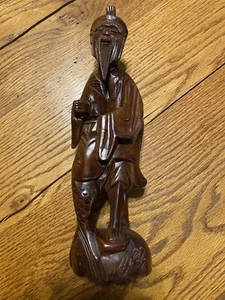 Vintage Asian Thai Carved Old Man Figure Fishing Wood Statue w Fish - Picture 1 of 5