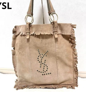 Borsa tote vintage Yves Saint Laurent KAHALA con frange beige vera pelle scamosciata - Foto 1 di 9