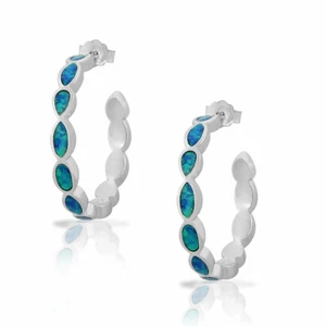 .925 Sterling Silver Blue Turquoise-Tone Opal Half-Hoop Womens Earrings - Picture 1 of 4