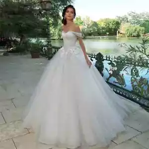 Elegante A-Linie Schulterfrei Brautkleider Spitze Applikation Brautkleid Hof Schleppe - Bild 1 von 6