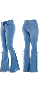 Women's Denim Pants Mid Waist Lace Up Bell Bottom Pants Vintage Flare Jeans Ligh - Picture 1 of 4