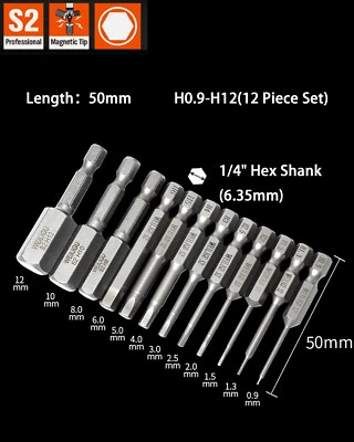 12Pc Hex Key Allen Drill Bit Set S2 Quick Change Driver Magnetic Metric Long - Image 1 of 4