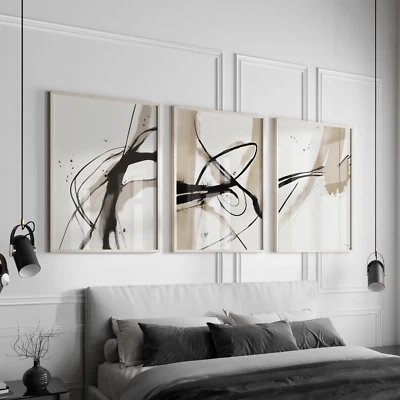 Modern Minimal Neutral Gallery Wall Art Set of 3 Black and Beige Home Print - Image 1 of 4