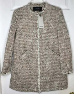 New ZARA Red Beige Black Tweed Zip Fray Edge Midi Pocket Blazer Jacket Sz Medium - Picture 1 of 6