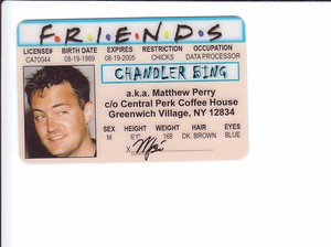Matthew Perry / Chandler Bing of FRIENDS tv show id card Drivers License 
