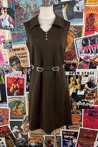 Vintage 60s Brown Sleeveless Collared V-Neck Belted Mod Sheath Dress Women Small - Picture 1 of 13