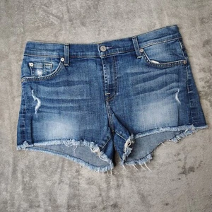 Seven 7 For All Mankind Denim Shorts Women's Size 30 Blue Medium Wash Frayed - Picture 1 of 12