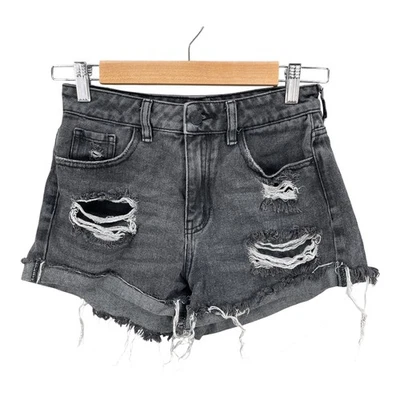 Pacsun Denim Shorts Women Distressed High Rise Mom Ripped Raw Hem Black Size 25 - Image 1 of 4